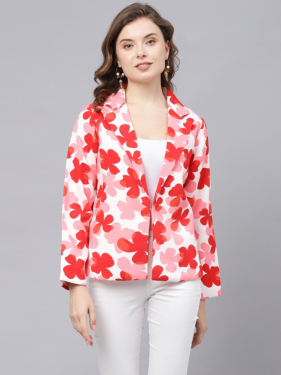 

DEEBACO Floral Printed Single-Breasted Blazer, White