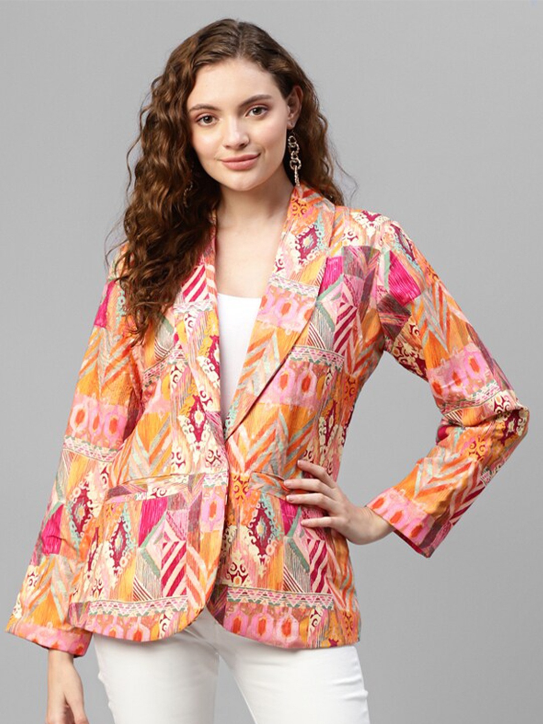 

DEEBACO Abstract Printed Single-Breasted Blazer, Orange