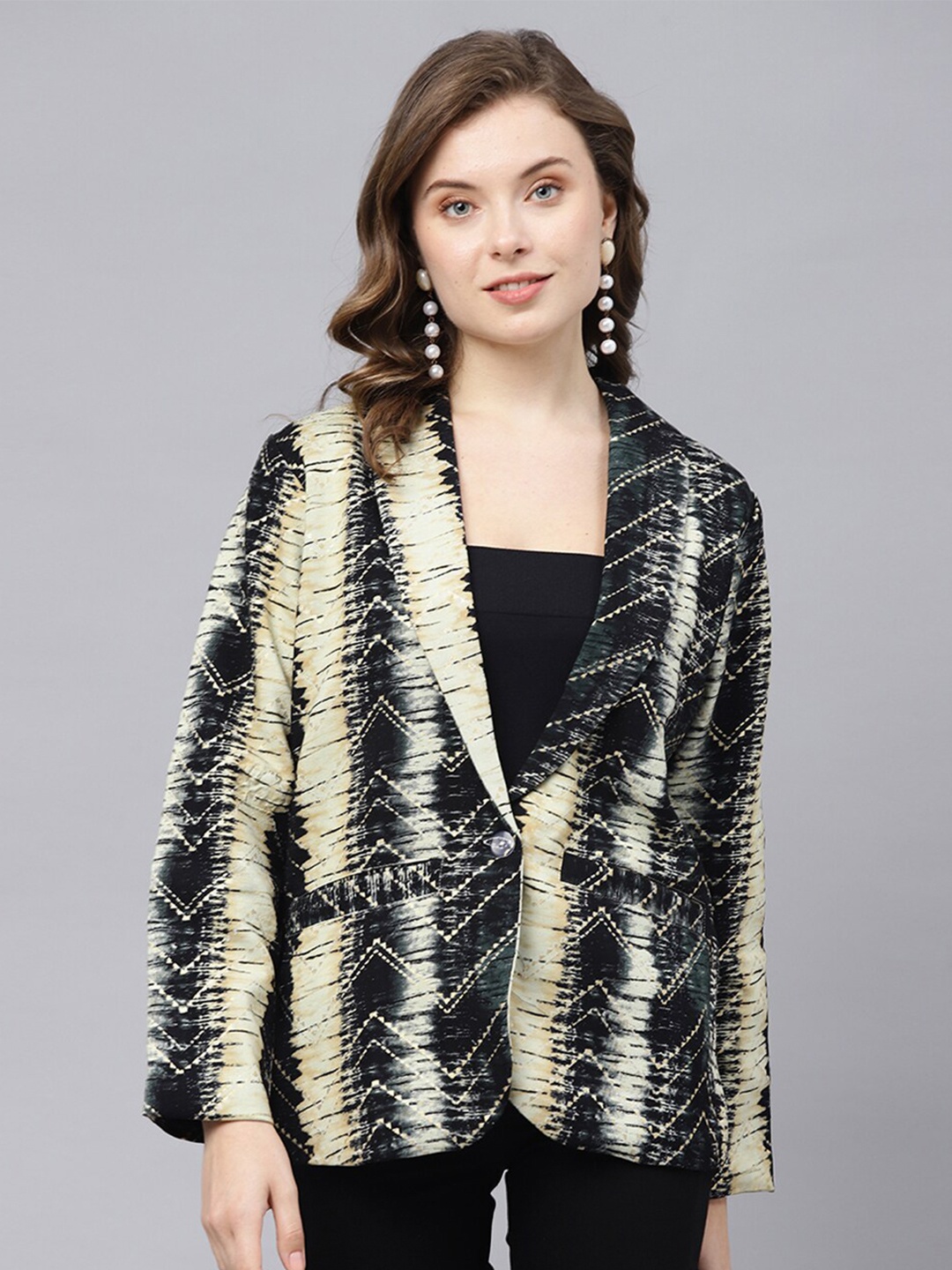 

DEEBACO Tie & Dye Foil Printed Single Breasted Casual Blazer, Black
