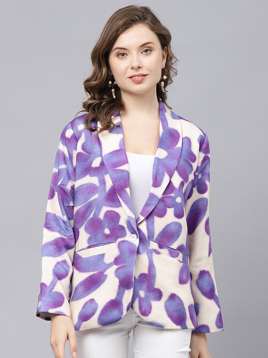 

DEEBACO Floral Printed Single-Breasted Blazer, Purple