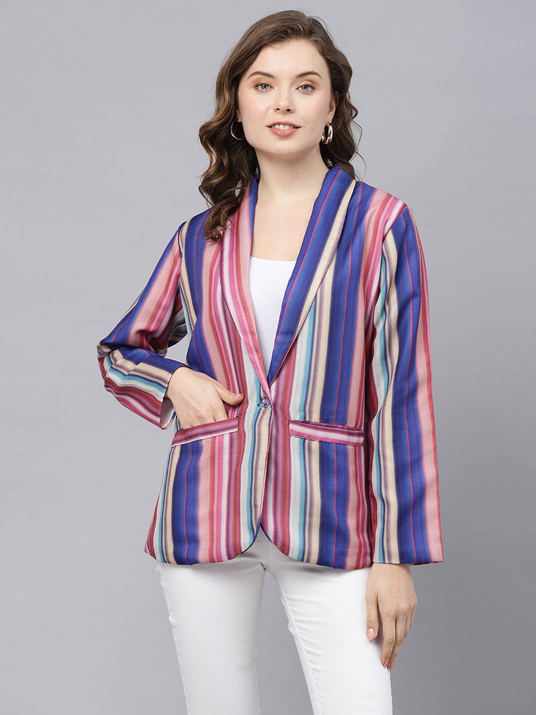 

DEEBACO Striped Linen Single Breasted Blazer, Blue