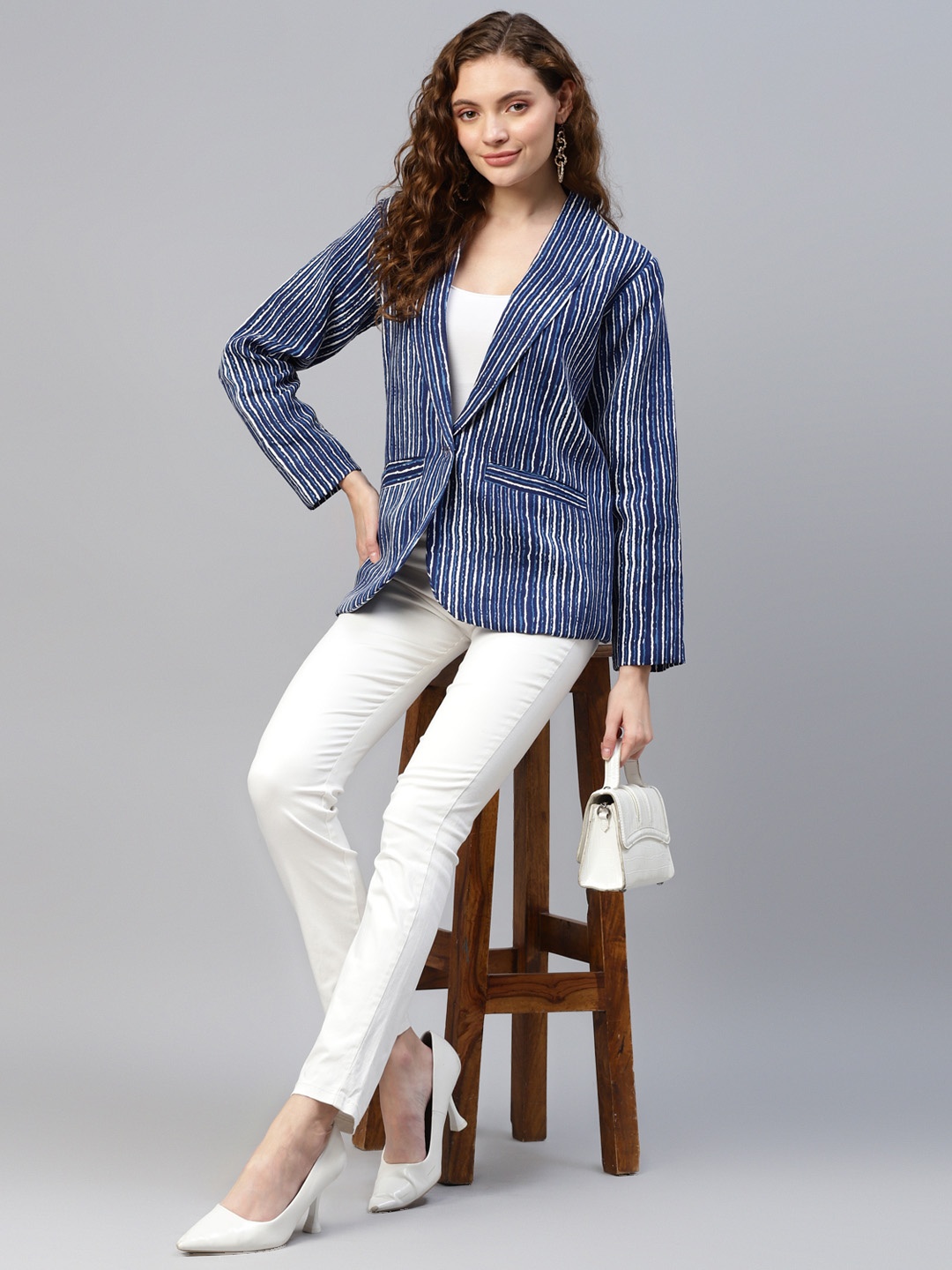 

DEEBACO Striped Single-Breasted Casual Blazer, Blue