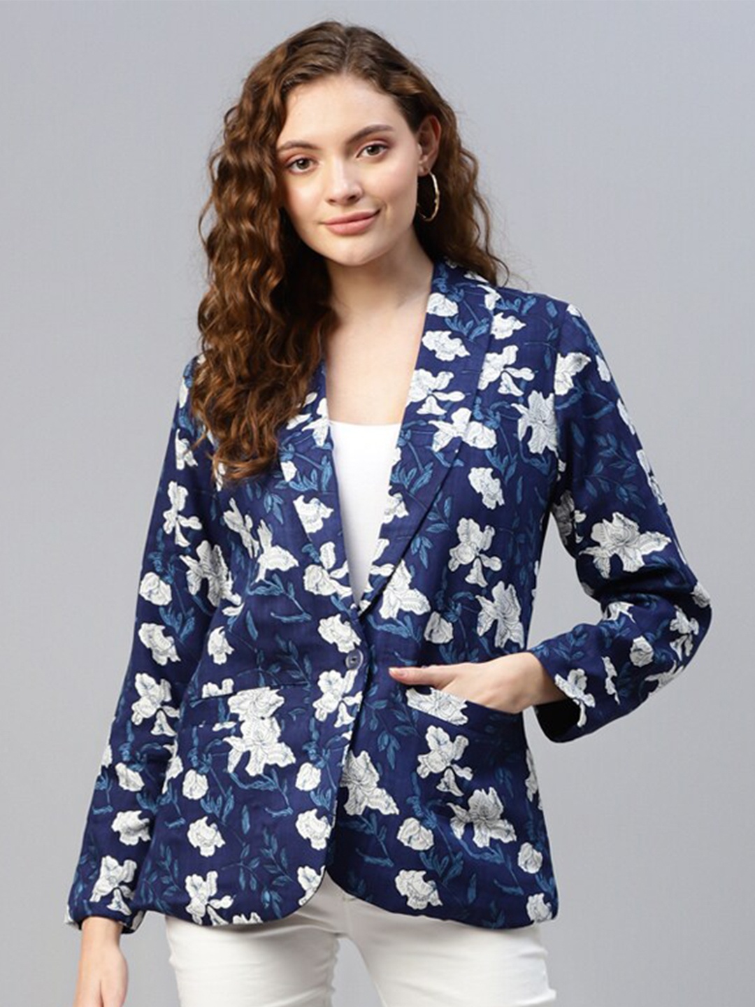 

DEEBACO Floral Printed Single Breasted Blazer, Blue