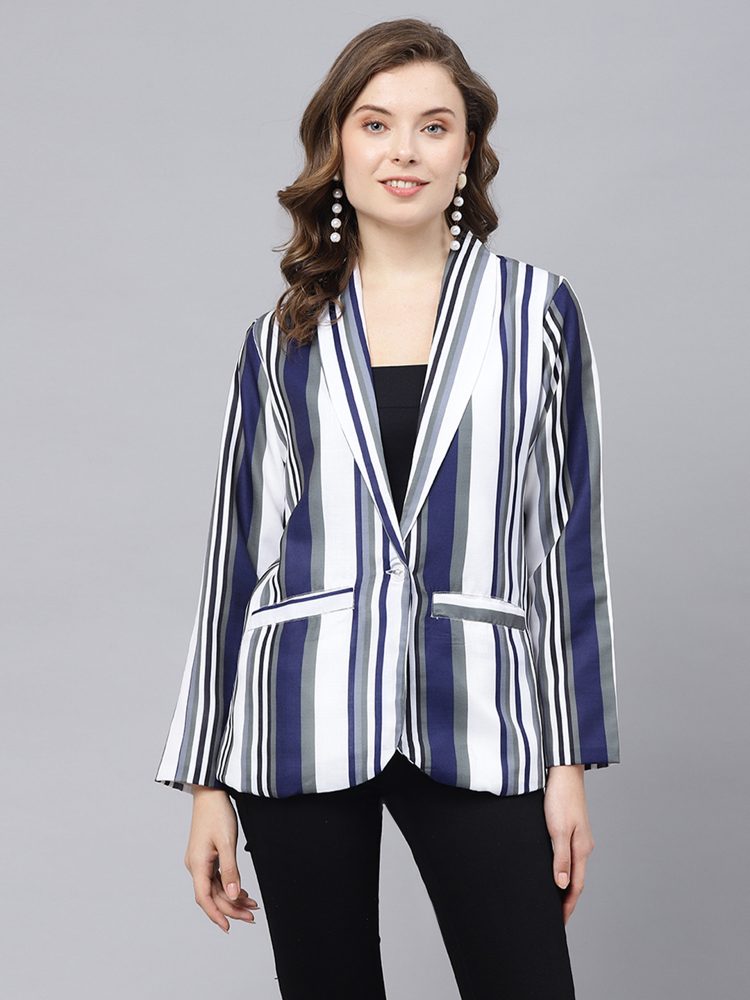 

DEEBACO Striped Single-Breasted Linen Casual Blazer, White