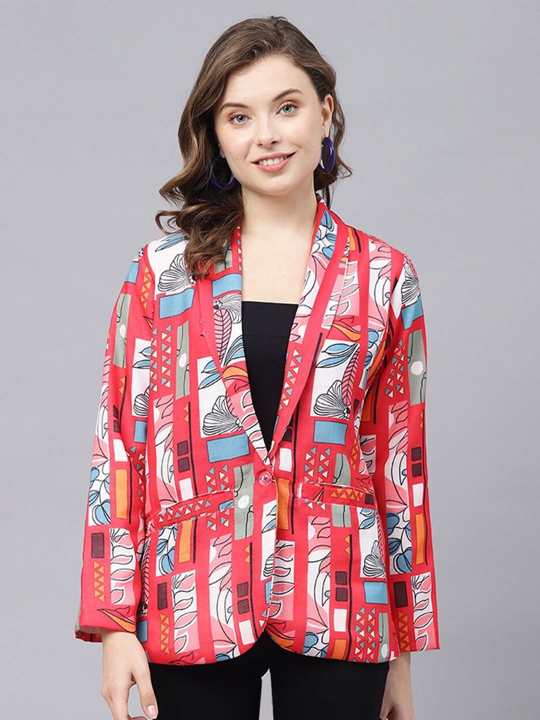 

DEEBACO Printed Linen Single-Breasted Blazer, Red