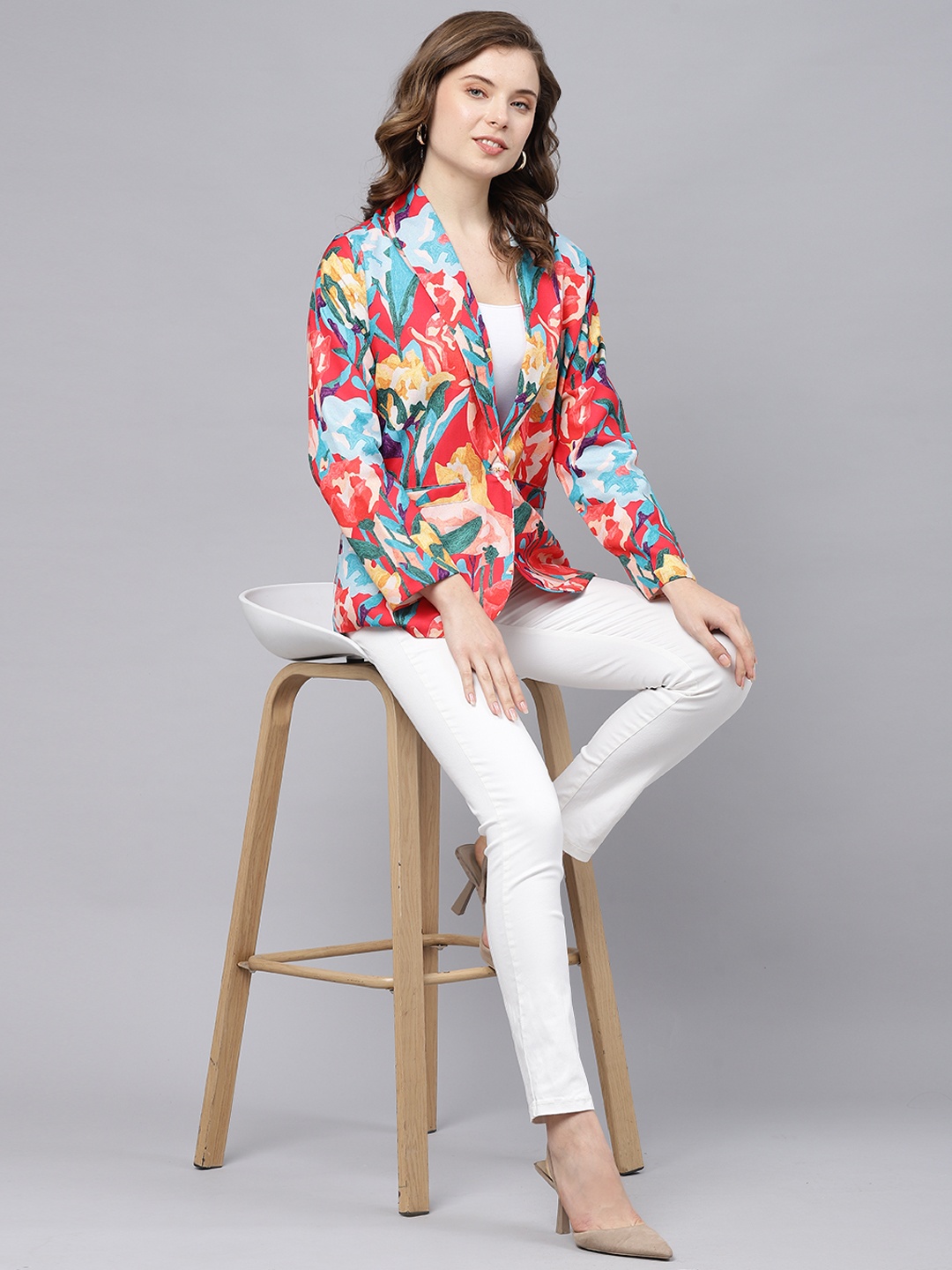 

DEEBACO Floral Printed Linen Single Breasted Blazer, Blue