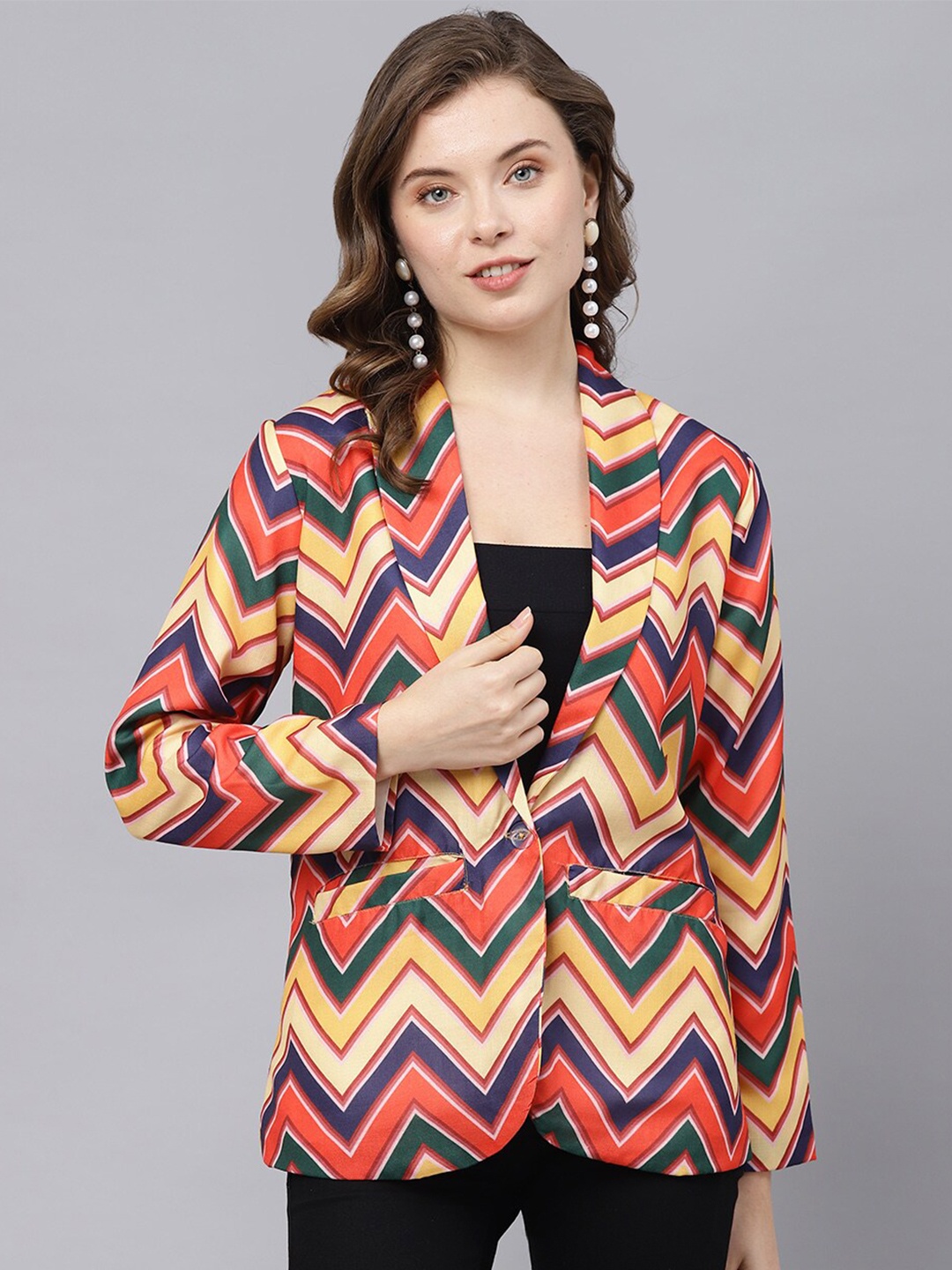 

DEEBACO Zig-Zag Printed Single-Breasted Blazer, Yellow