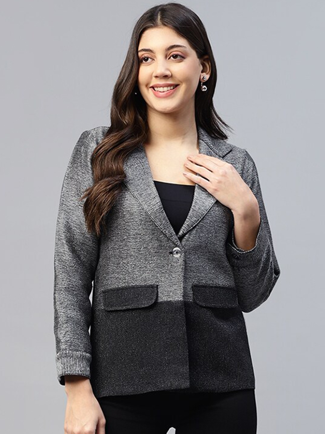 

DEEBACO Colourblocked Jacquard Single-Breasted Blazer, Grey