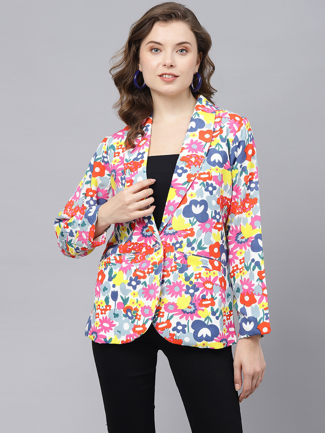 

DEEBACO Floral Printed Single-Breasted Casual Blazer, Pink