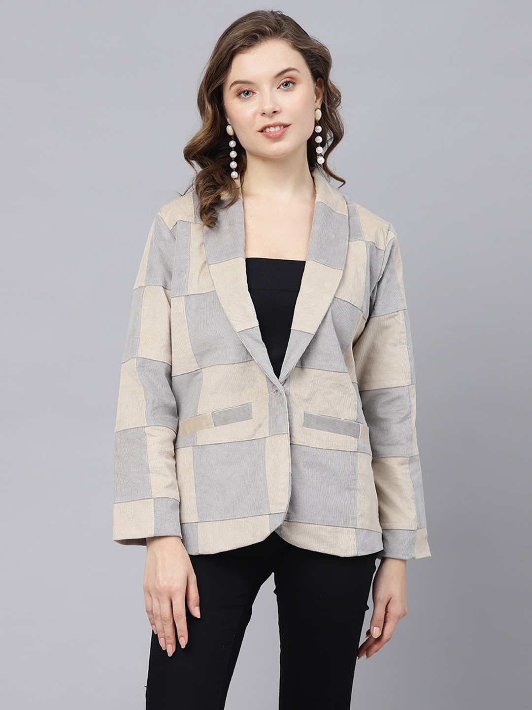 

DEEBACO Patch Work Single Breasted Blazer, Beige