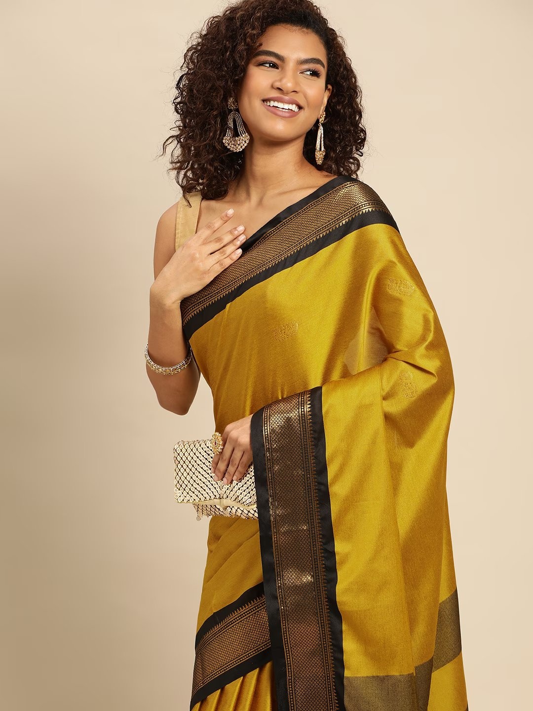 

KALINI Ethnic Motifs Woven Design Zari Pure Silk Saree, Mustard