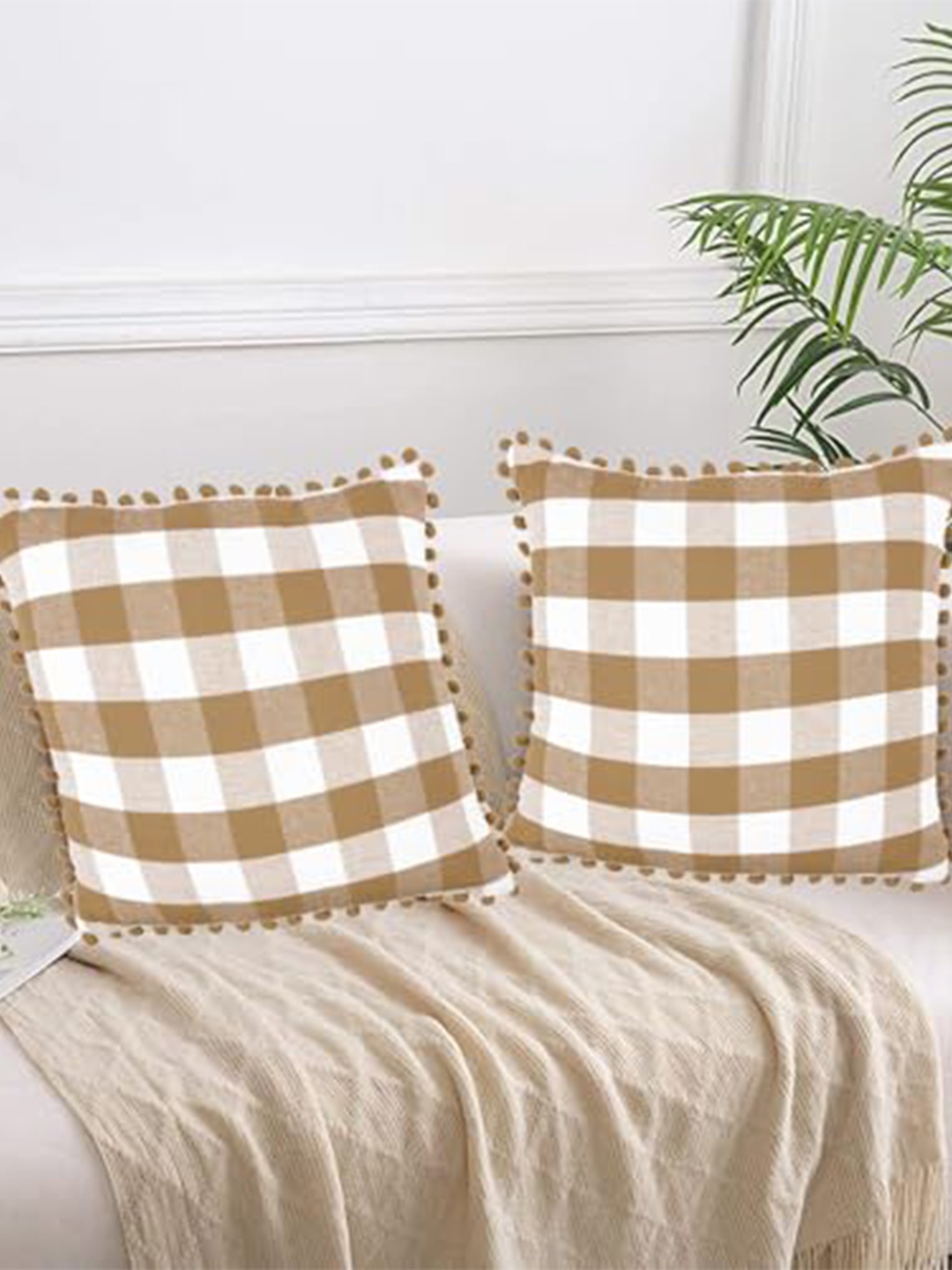 

Lushomes Beige & White 2 Pieces Checked Cotton Square Cushion Covers