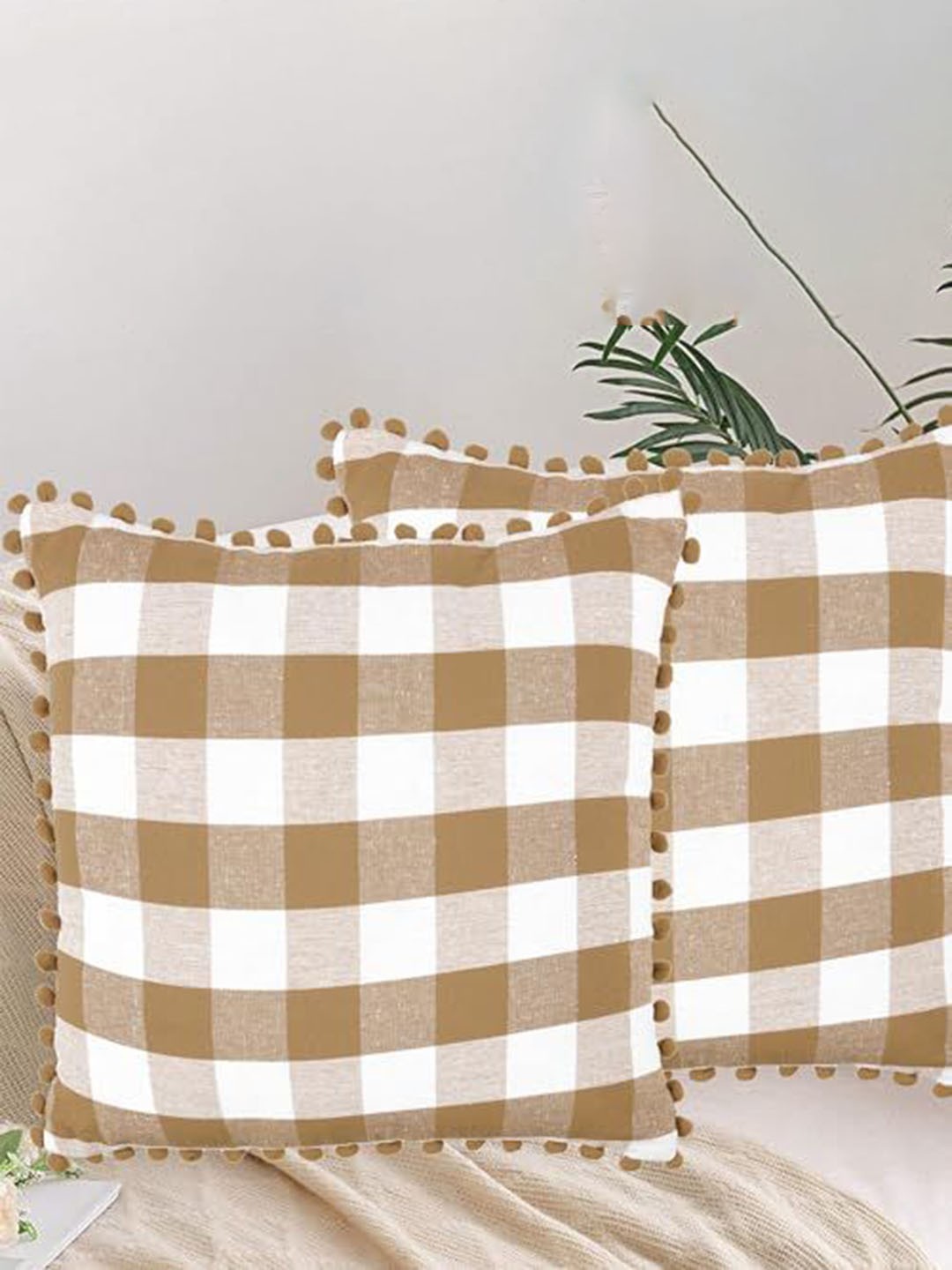 

Lushomes Beige & White 2 Pieces Checked Square Cotton Cushion Covers