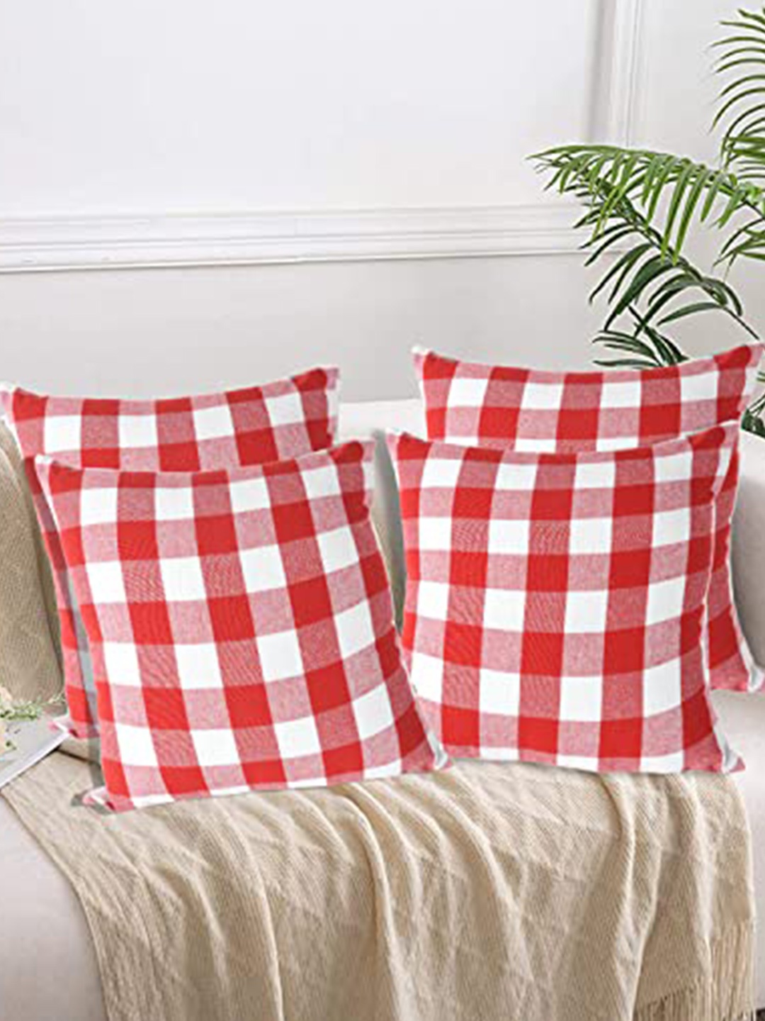 

Lushomes Red & White 4 Pieces Checked Cotton Square Cushion Covers