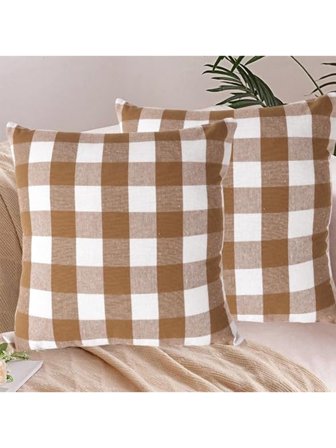 

Lushomes Beige & White 4 Pieces Checked Cotton Square Cushion Covers