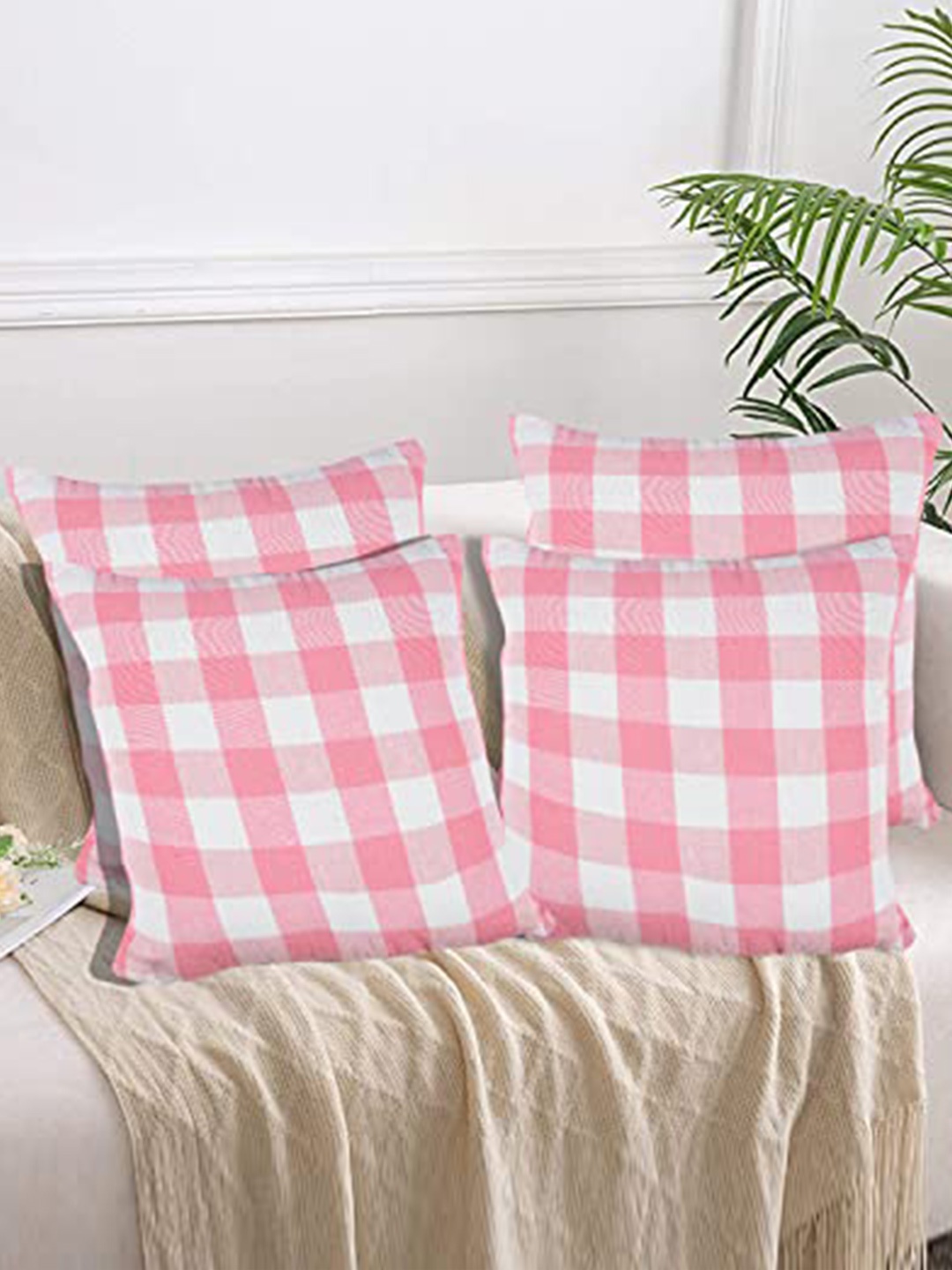 

Lushomes Pink & White 4 Pieces Checked Cotton Square Cushion Covers