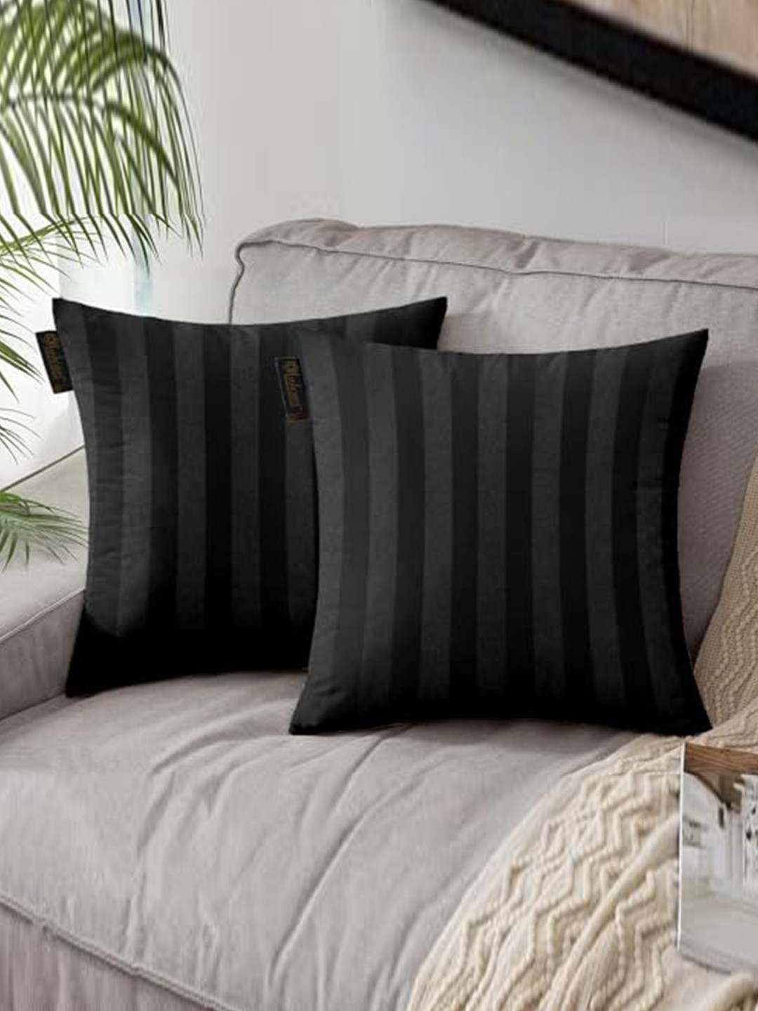 

Lushomes Black & Grey 2 Pieces Striped Water Resistant Fabric Square Cushion Covers