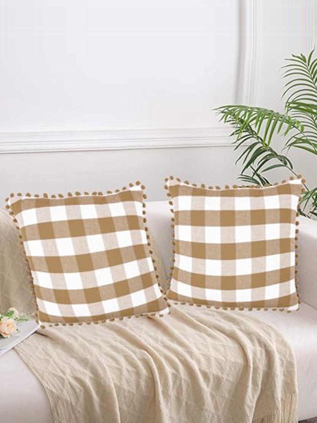 

Lushomes Beige & White 2 Pieces Checked Square Cotton Cushion Covers
