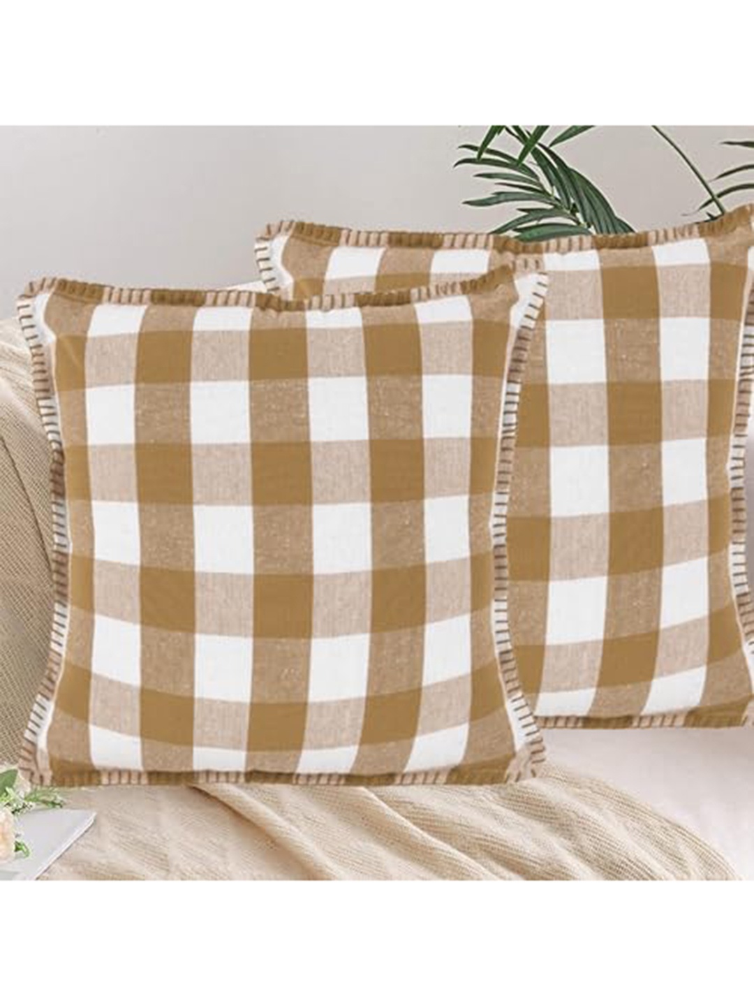 

Lushomes Beige & White 2 Pieces Checked Cotton Square Cushion Covers
