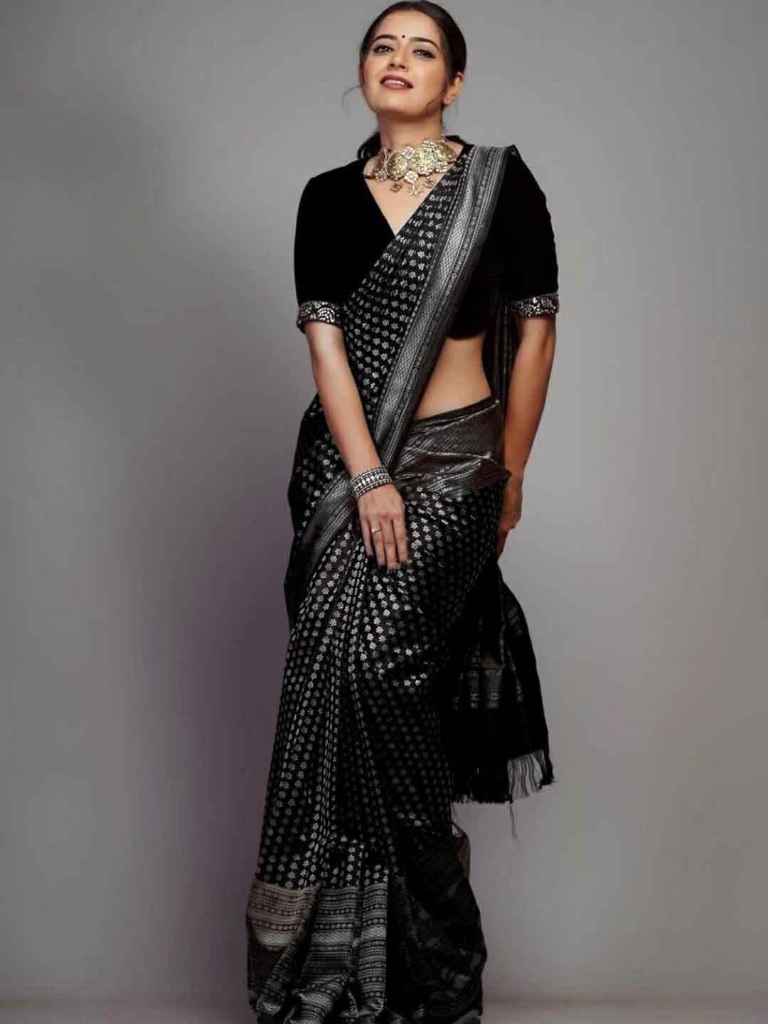 

Mitera Black & Silver-Toned Ethnic Motifs Woven Design Zari Art Silk Saree