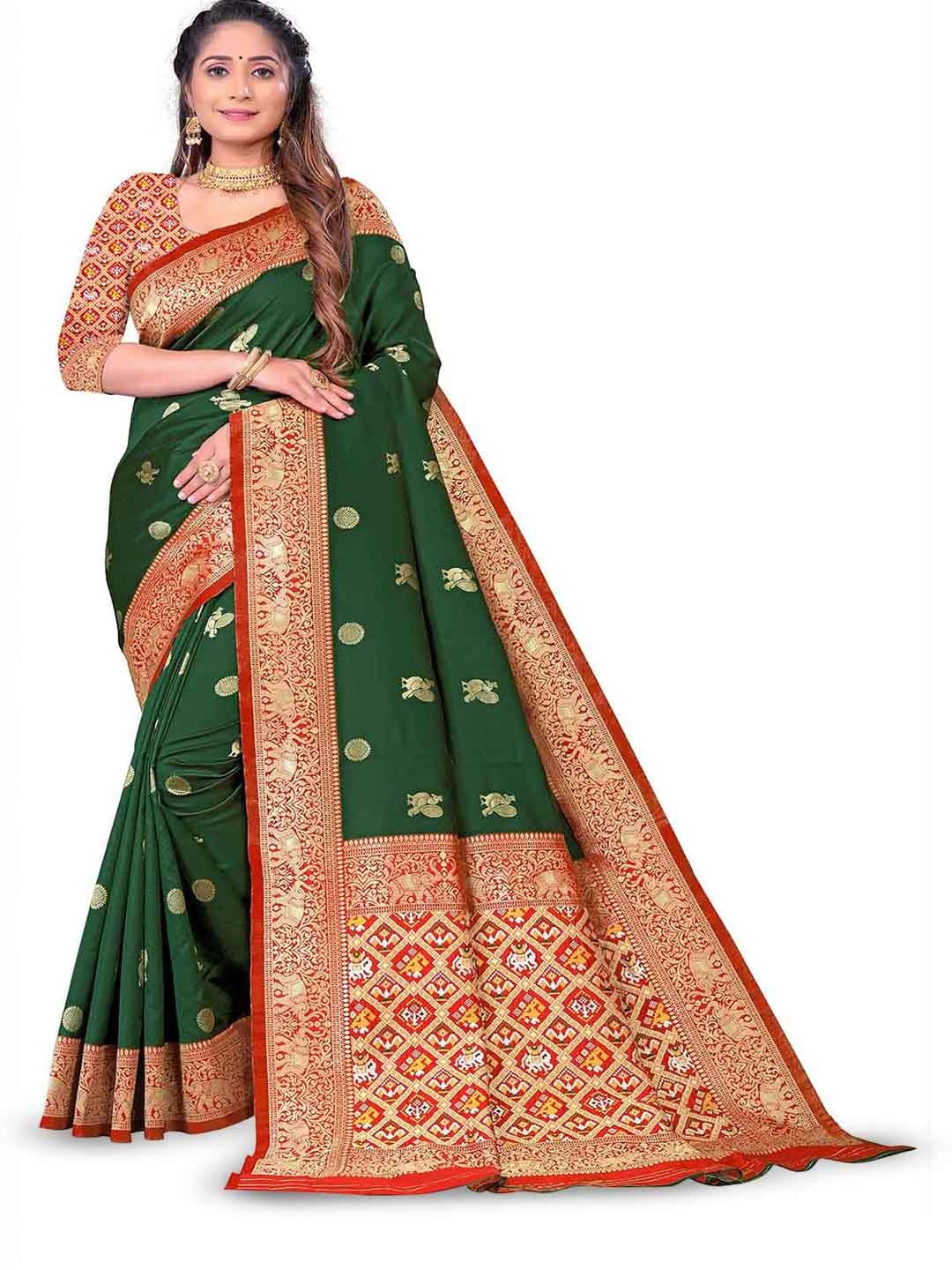 

Mitera Green & Red Ethnic Motifs Woven Design Zari Saree