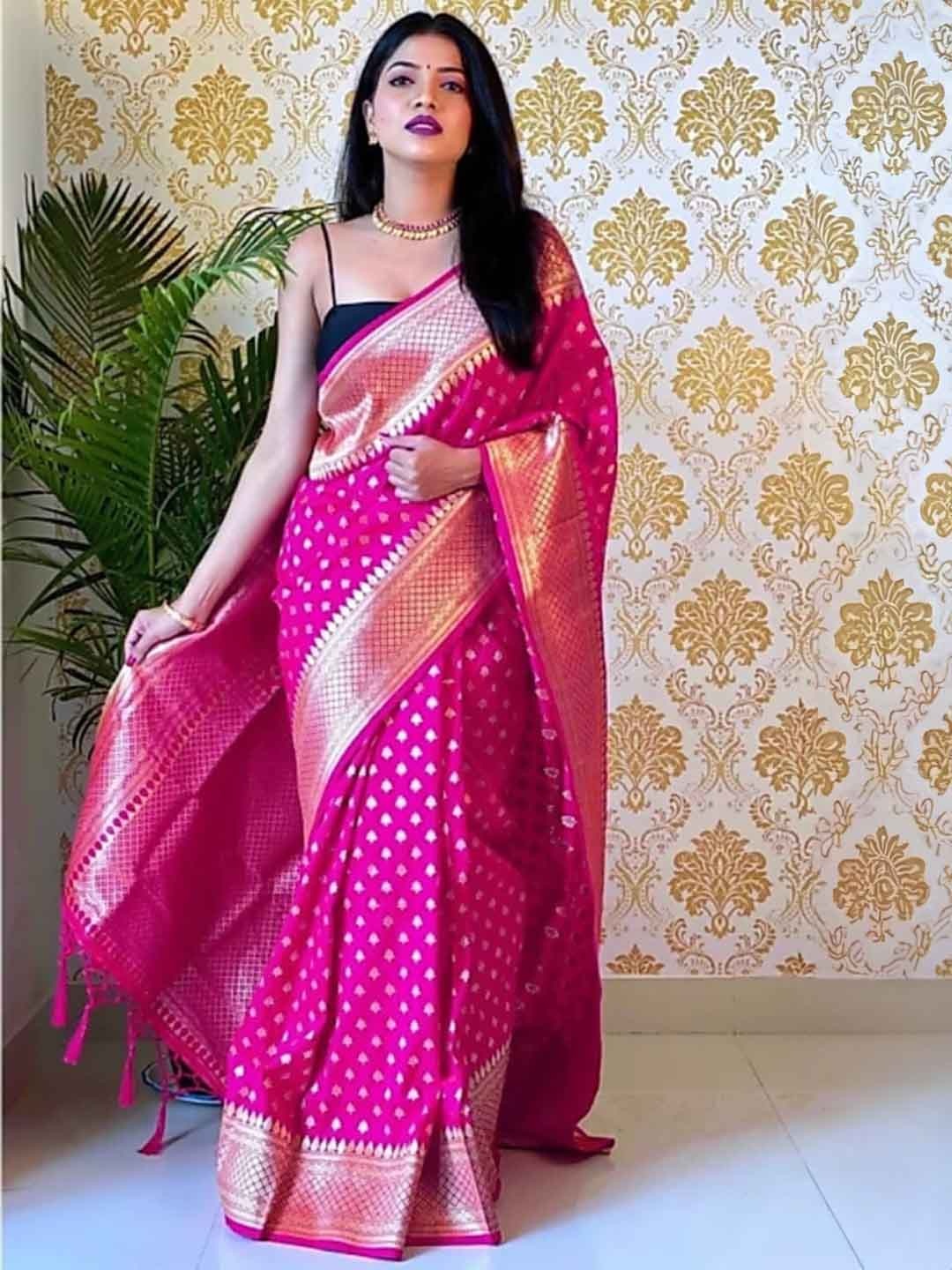 

Mitera Pink & Gold Toned Woven Design Zari Art Silk Saree