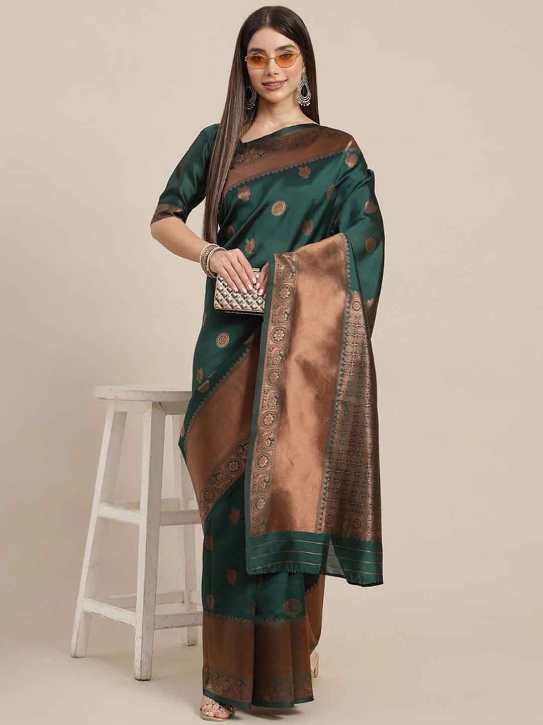 

Mitera Green & Gold Toned Ethnic Motifs Woven Design Zari Art Silk Saree