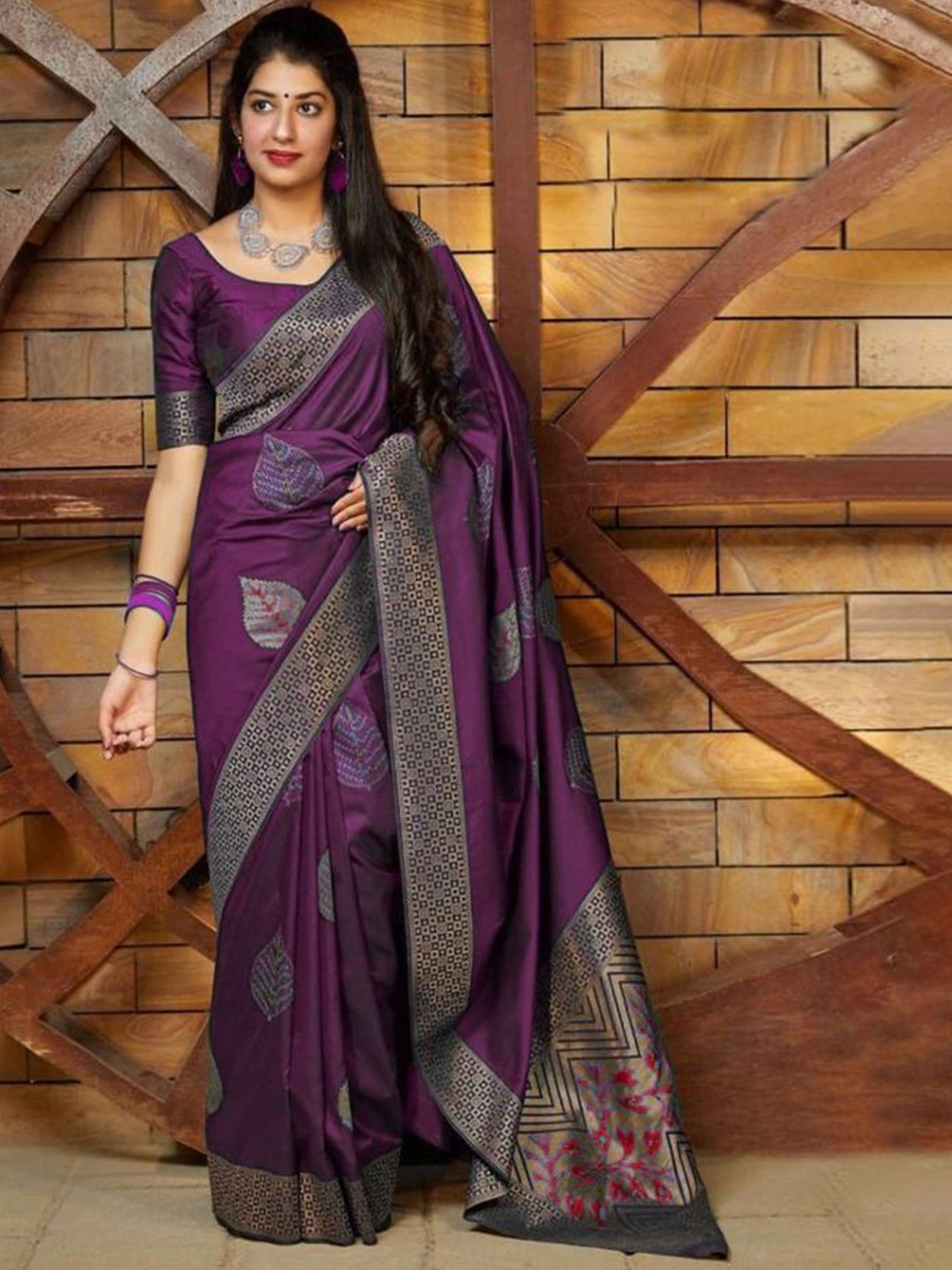 

Mitera Purple & Gold Toned Ethnic Motifs Woven Design Zari Art Silk Saree