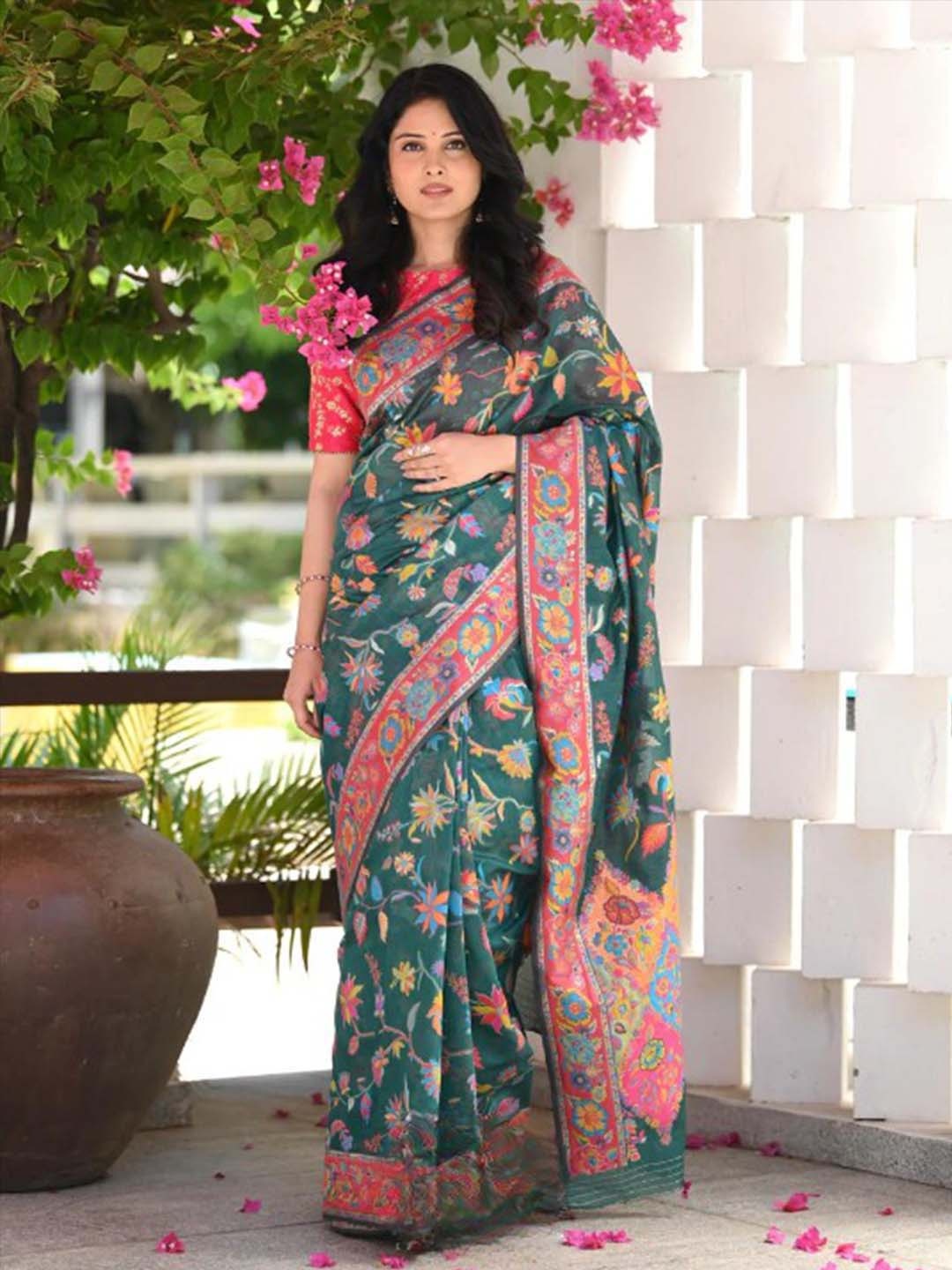 

Mitera Green & Pink Woven Design Art Silk Saree