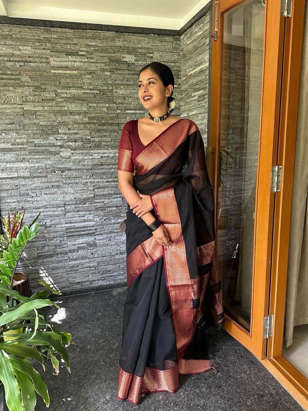 

Mitera Black & Red Zari Art Silk Saree