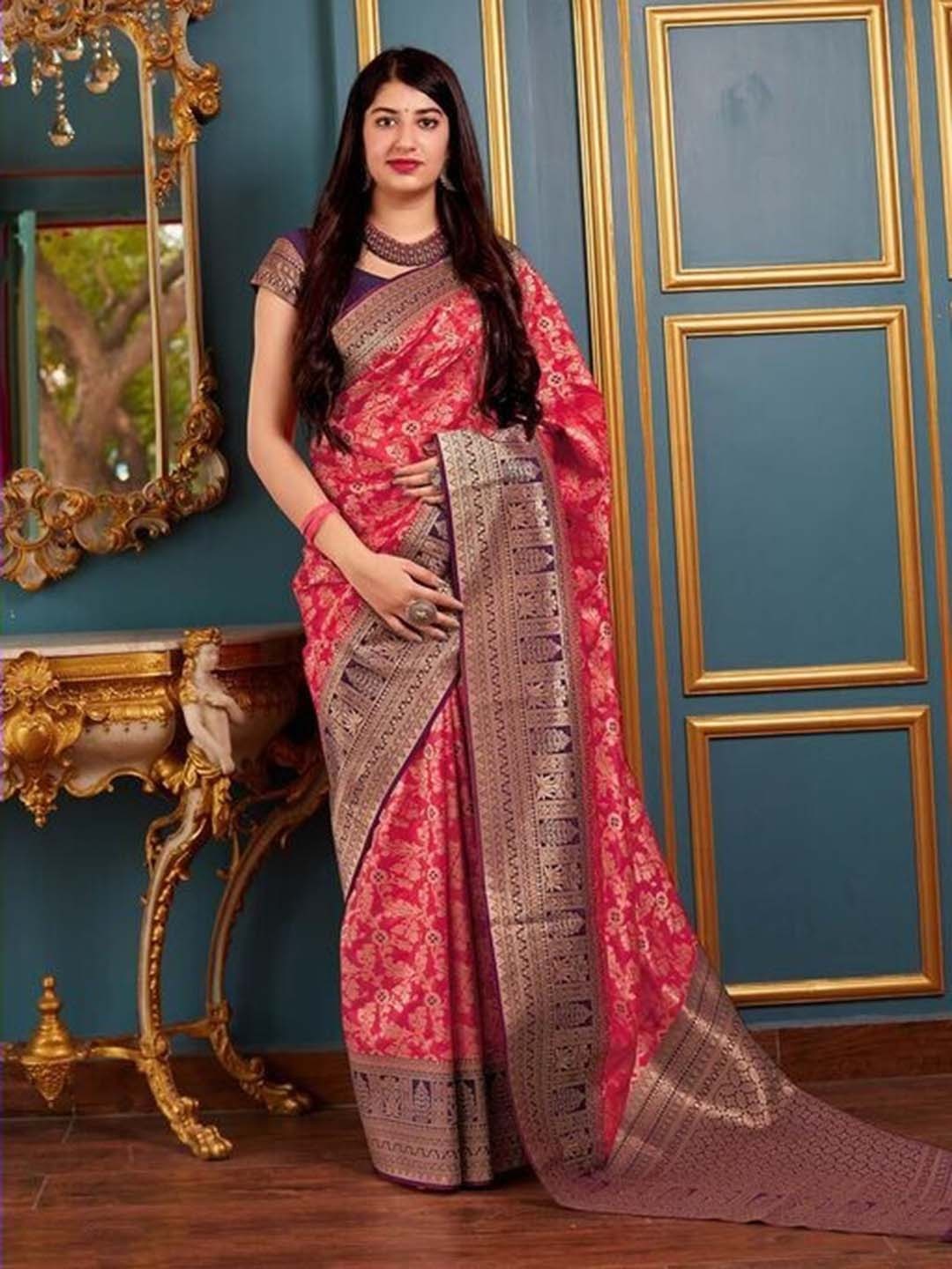 

Mitera Pink & Purple Floral Zardozi Art Silk Saree
