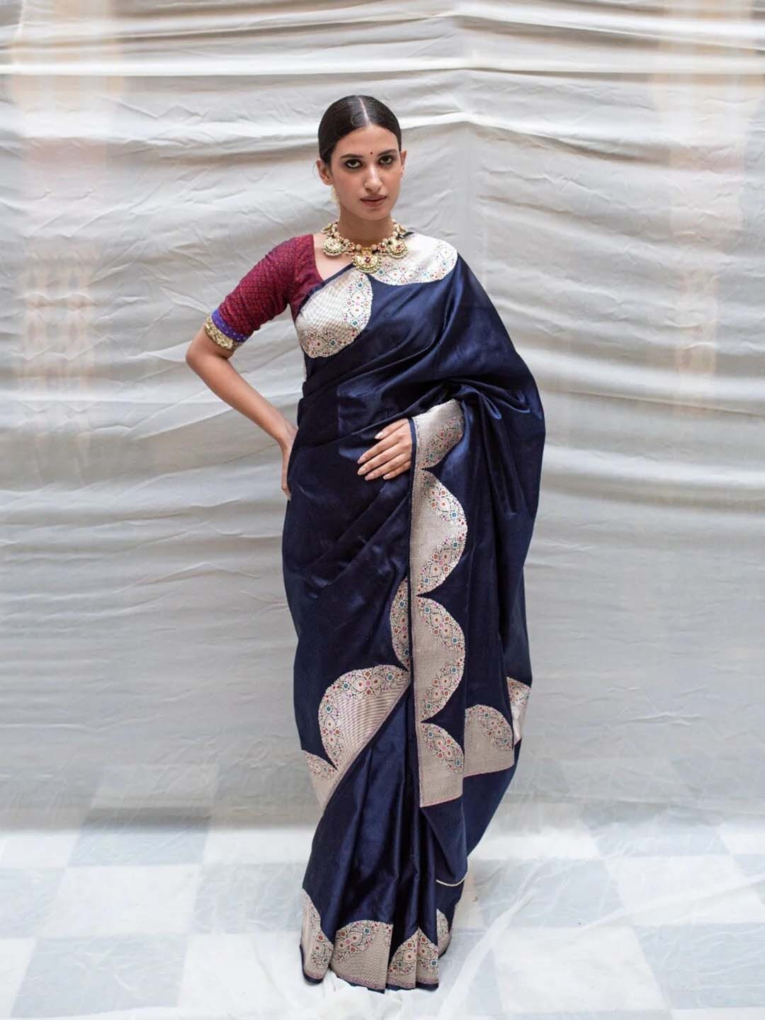 

Mitera Blue & Gold-Toned Zari Art Silk Saree With Woven Design Border