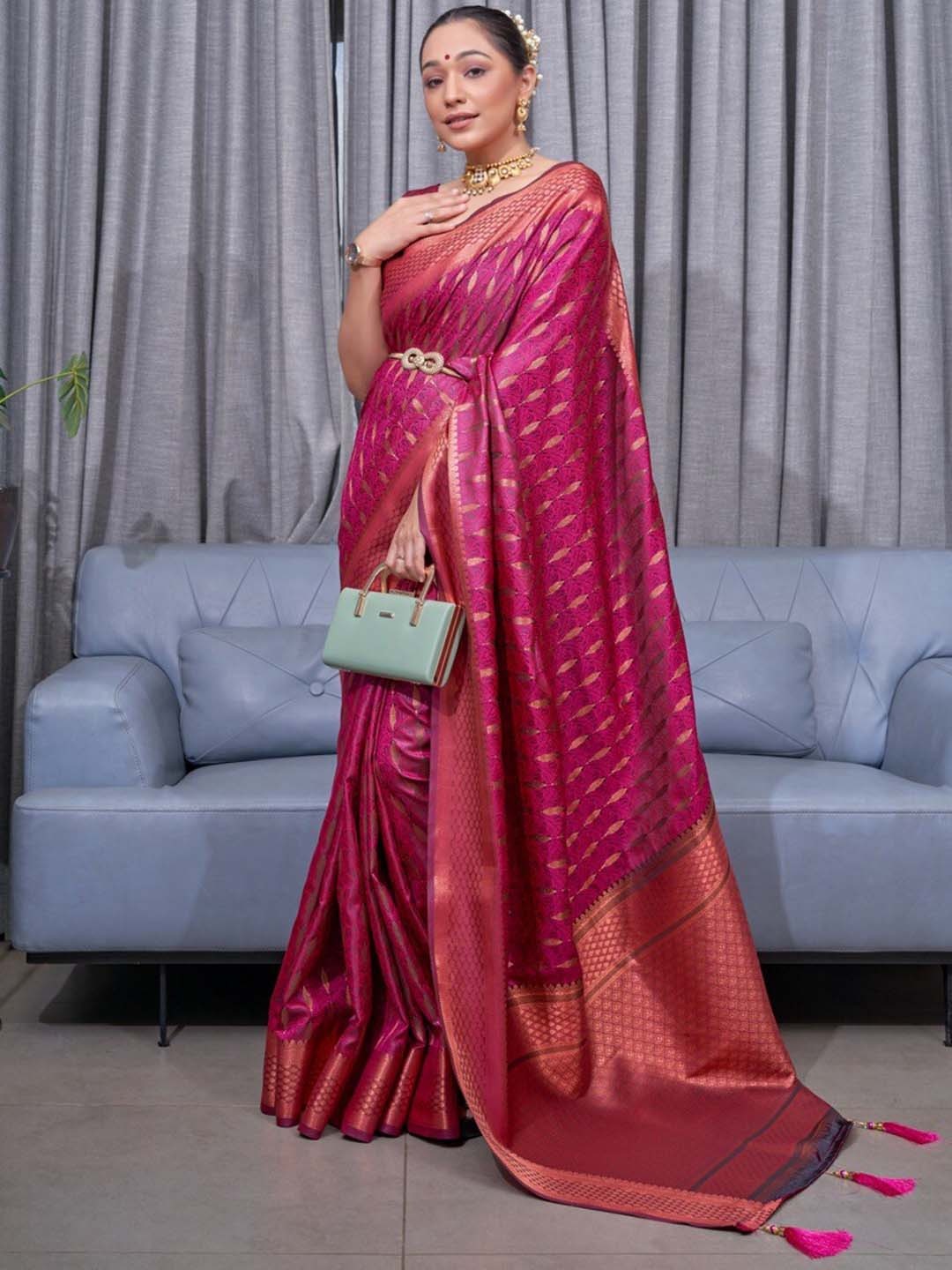 

Mitera Pink & Gold Toned Woven Design Zari Art Silk Saree