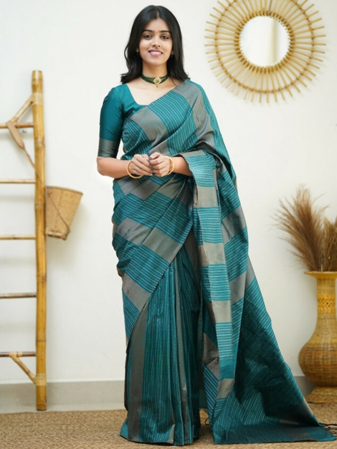 

Mitera Blue & Gold-Toned Ethnic Motifs Woven Design Zari Art Silk Saree