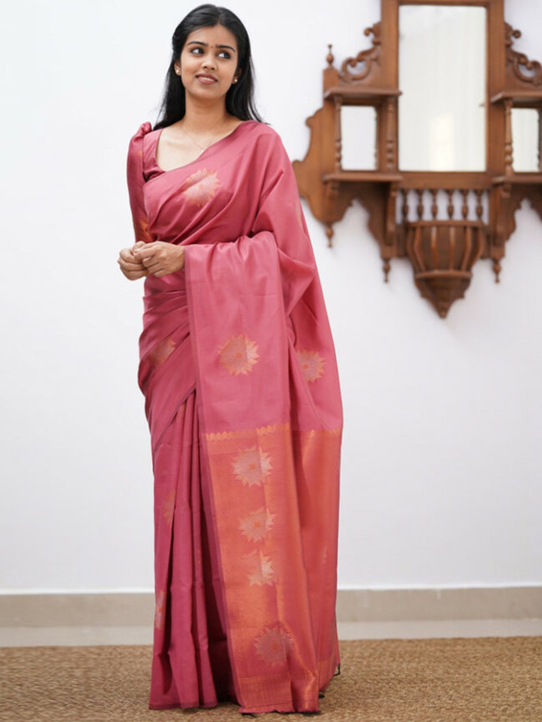 

Mitera Pink & Gold Toned Woven Design Zari Art Silk Saree