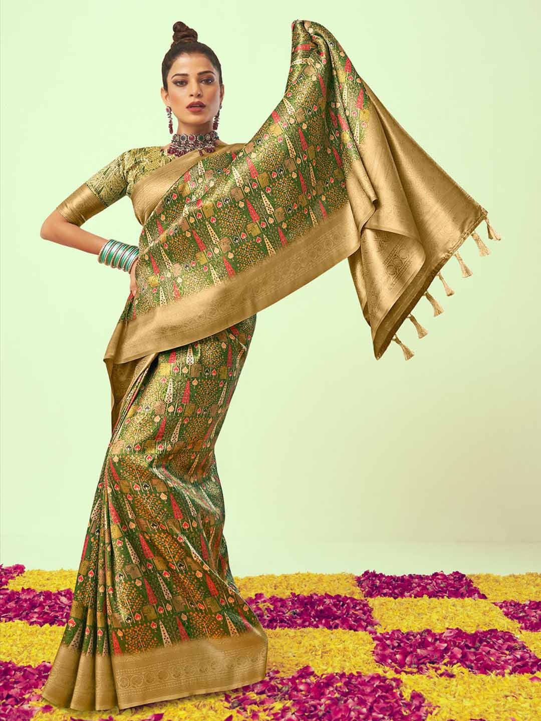 

Mitera Green & Red Ethnic Ethnic Motifs Woven Design Zari Art Silk Saree