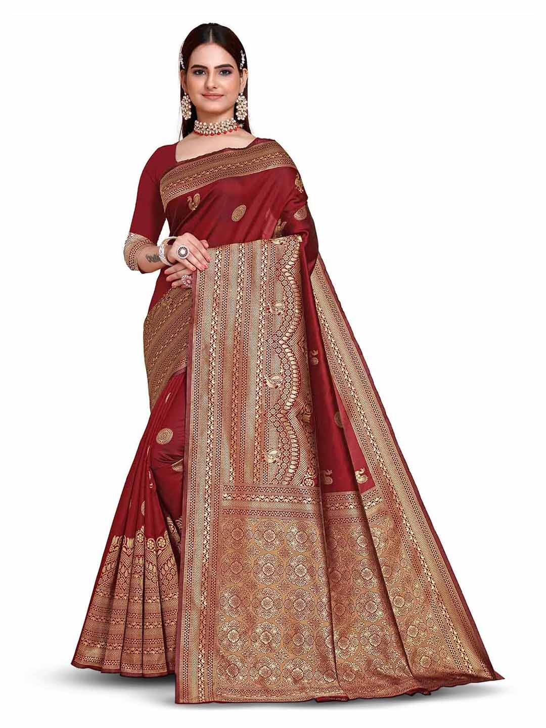 

Mitera Maroon & Gold Toned Woven Design Zari Art Silk Saree
