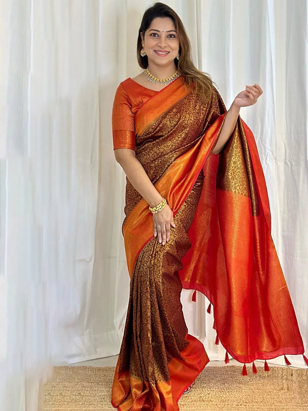 

Mitera Red & Brown Woven Design Zari Art Silk Saree