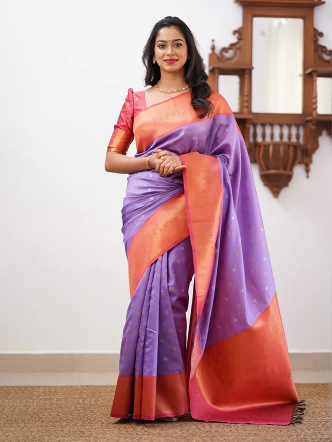 

Mitera Lavender & Pink Ethnic Motifs Woven Design Zari Art Silk Saree