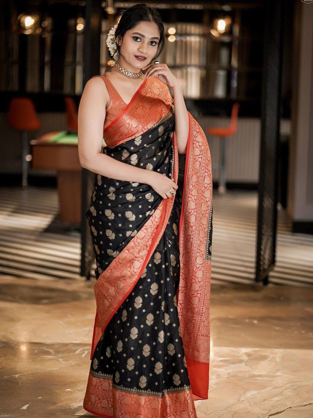 

Mitera Black & Red Ethnic Motifs Woven Design Zari Art Silk Saree