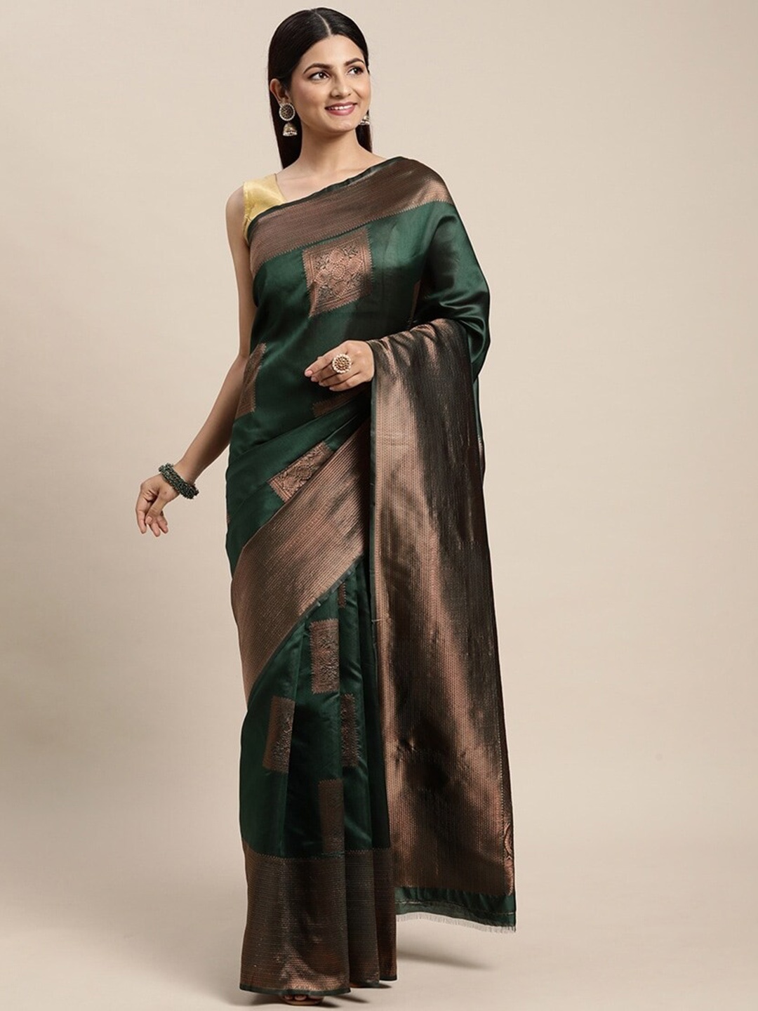 

Mitera Green & Copper-Toned Ethnic Motifs Zari Saree