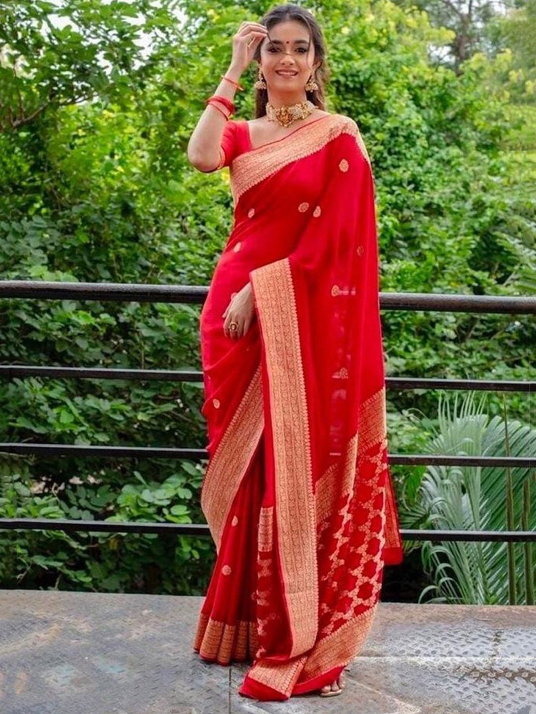 

Mitera Red & Gold Toned Woven Design Zari Art Silk Saree
