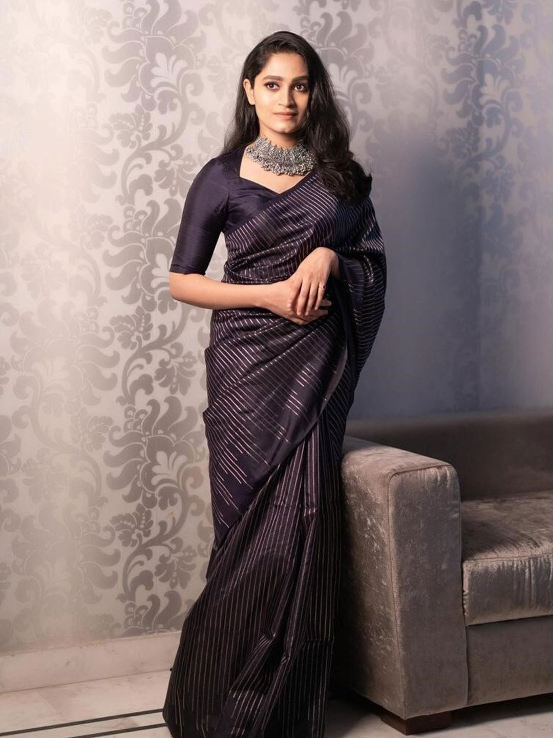 

Mitera Black & Silver-Toned Striped Woven Design Zari Saree