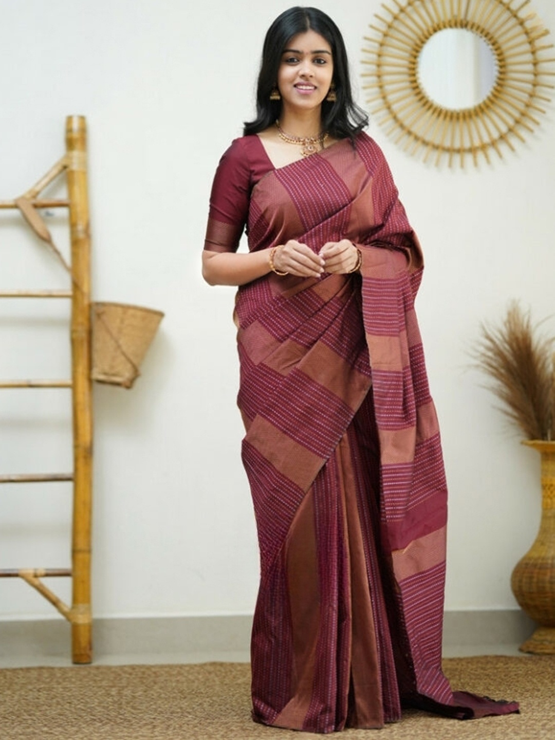 

Mitera Maroon & Gold Toned Ethnic Motifs Woven Design Zari Art Silk Saree