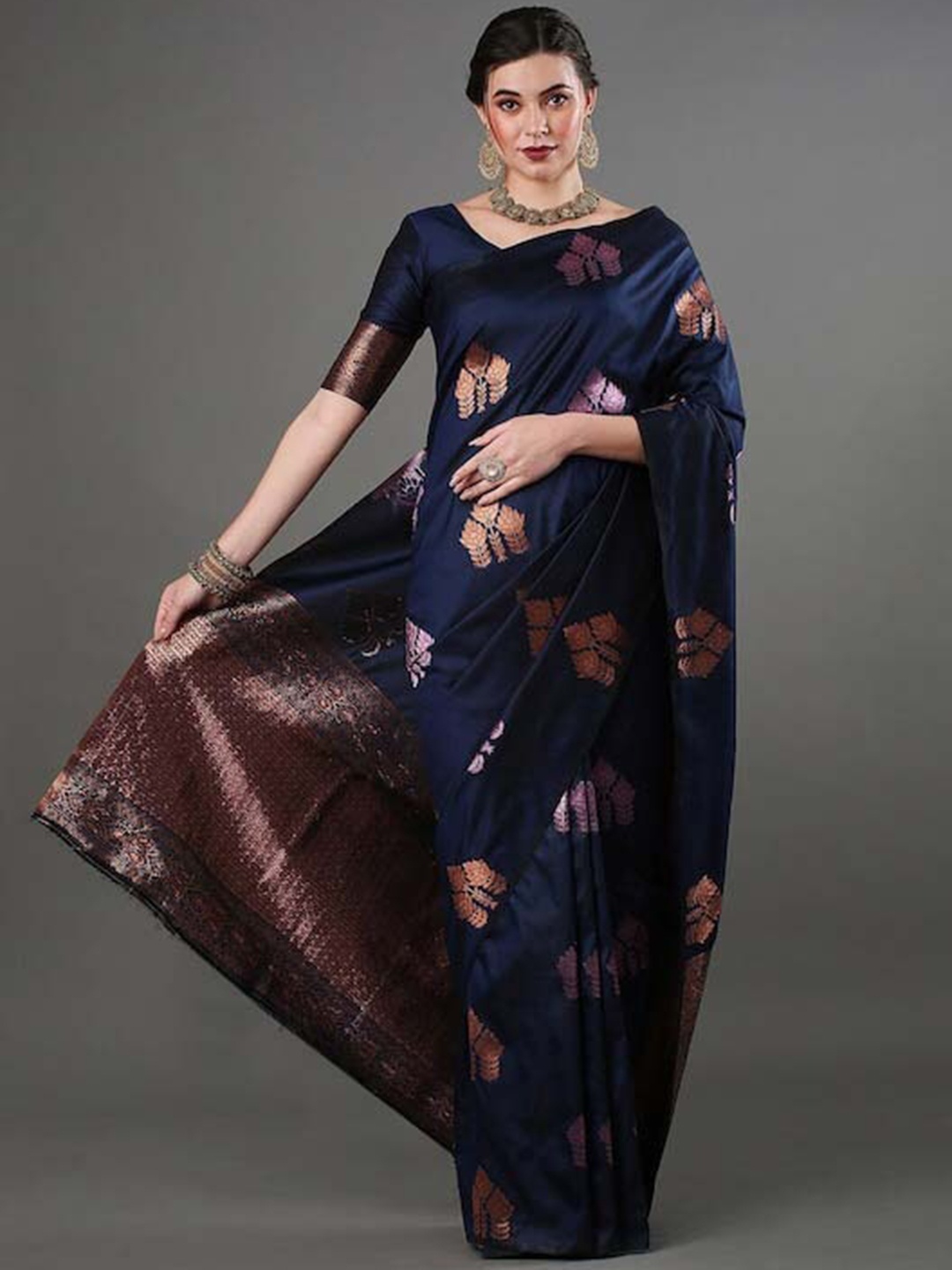 

Mitera Navy Blue & Gold Toned Ethnic Motifs Woven Design Zari Art Silk Saree