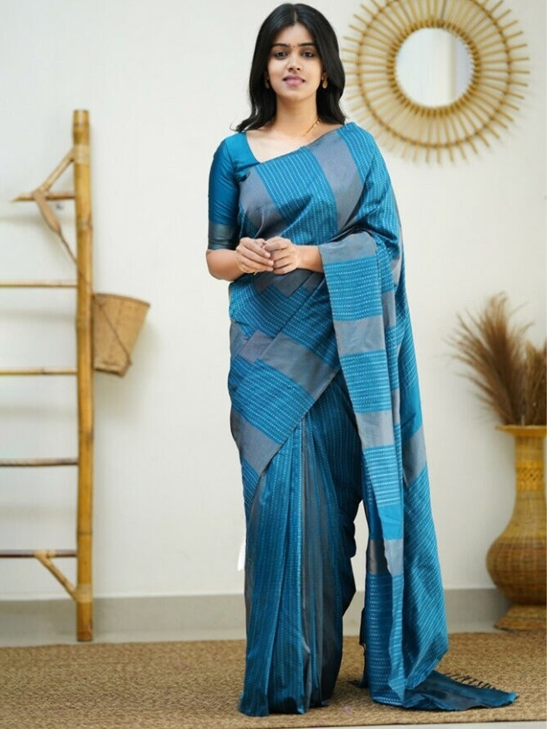 

Mitera Blue & Silver Toned Woven Design Zari Art Silk Saree