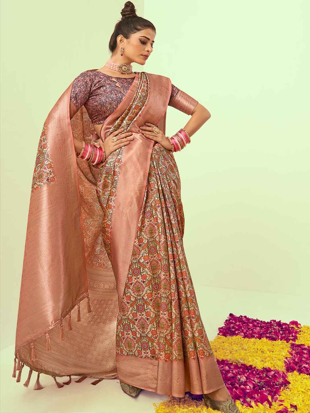 

Mitera Beige & Pink Ethnic Motifs Woven Design Zari Art Silk Saree