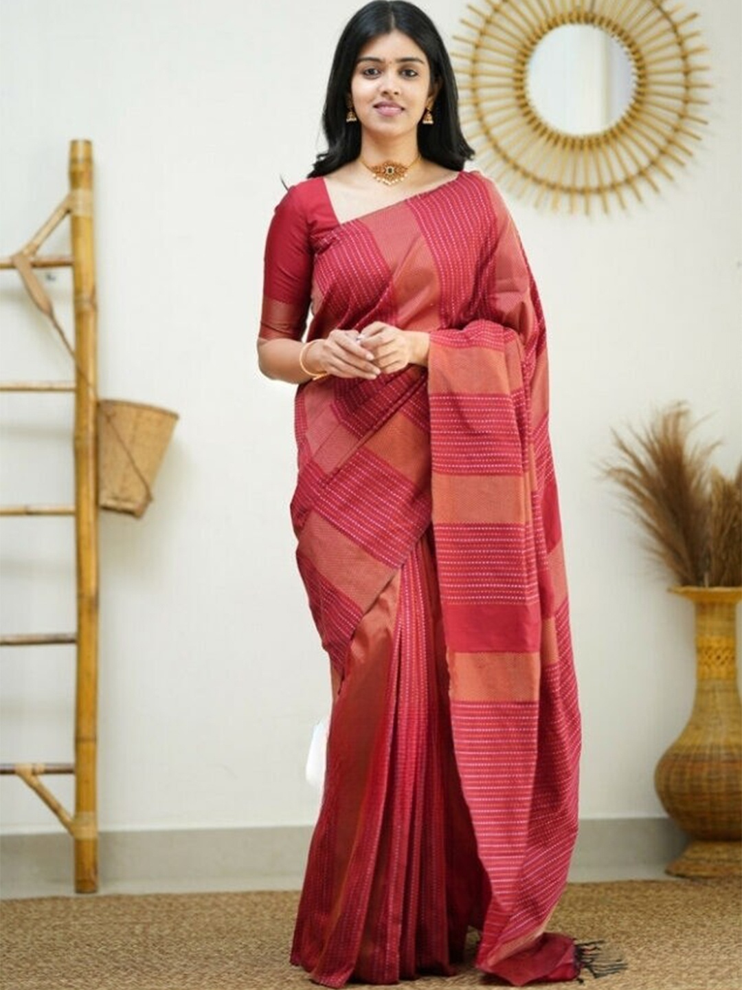 

Mitera Red & Gold Toned Woven Design Zari Art Silk Saree