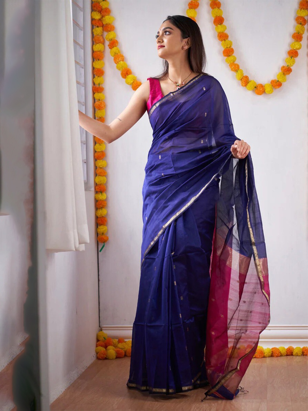 

Mitera Blue & Pink Woven Design Zari Art Silk Saree