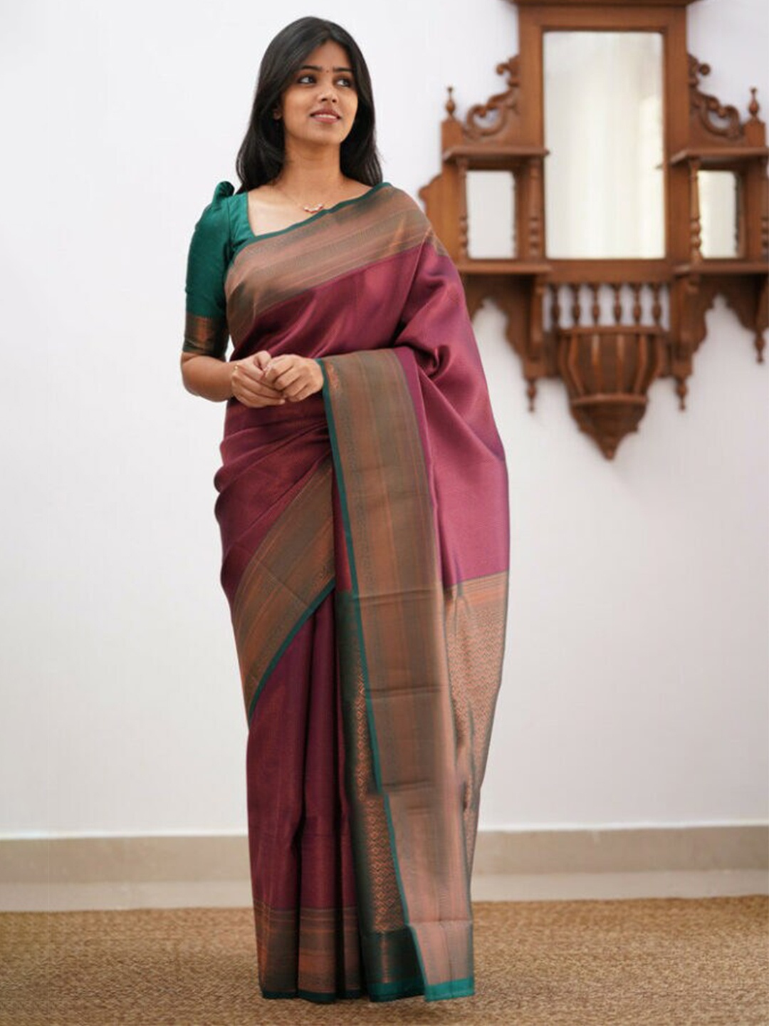 

Mitera Maroon & Green Zari Art Silk Saree